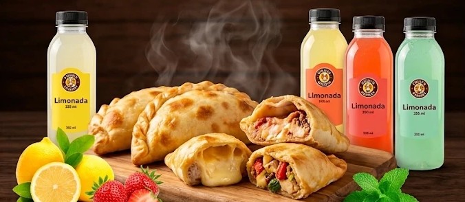 Empanadas horneadas sobre una tabla de madera junto a botellas de limonada clásica, especial y hierba buena